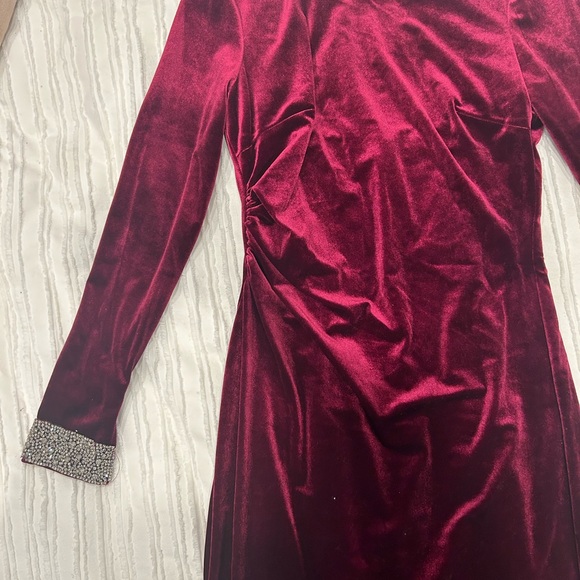 David Meister Velvet Burgundy Cocktail Dress with Crystal Cuffs - Picture 5 of 14
